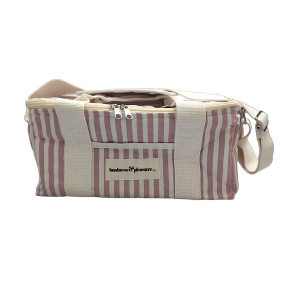 NWT Business & Pleasure Co Pink White Stripe Insulated Zipper Cooler Lunch Bag - Picture 1 of 10